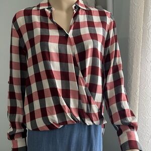 Rag & Bone Camille Drape Front Women's Medium Plaid High/low‎ Top Red Gray Ivory